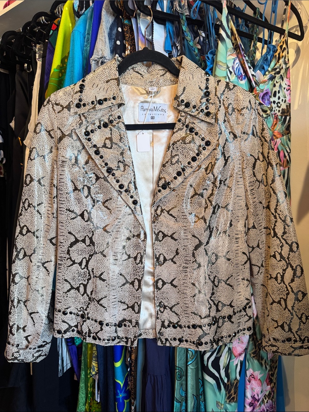 Y2K Pamela McCoy Beige Snake-Print Studded Front & Back Jacket